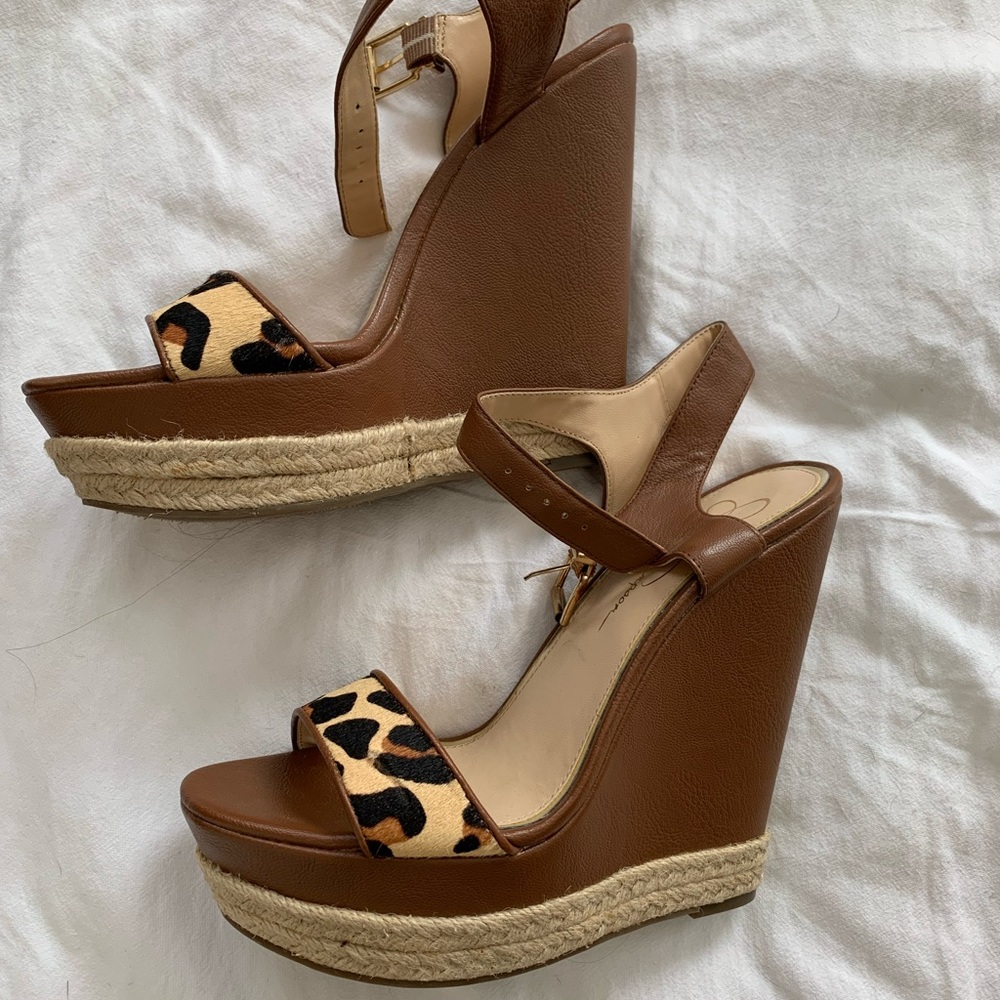 Jessica Simpson Leopard/brown leather Platform Wedge Sandals size 9.5